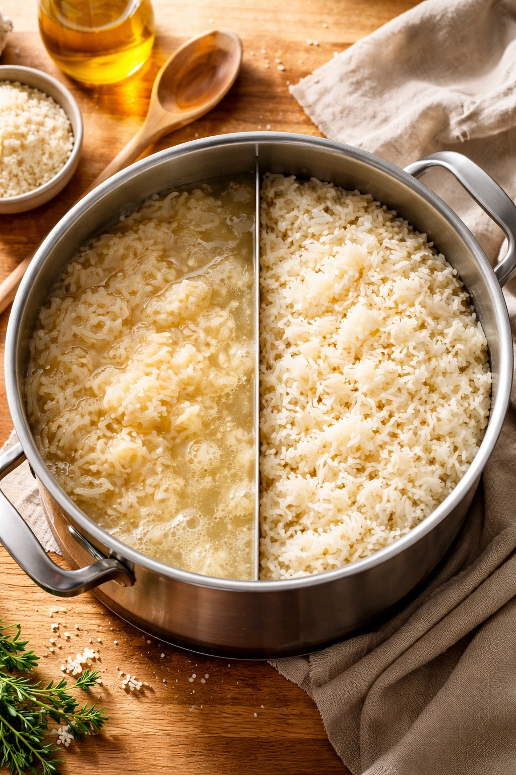 Cross-section of a pot with two rice textures: mushy and fluffy, illustrating common mistakes.