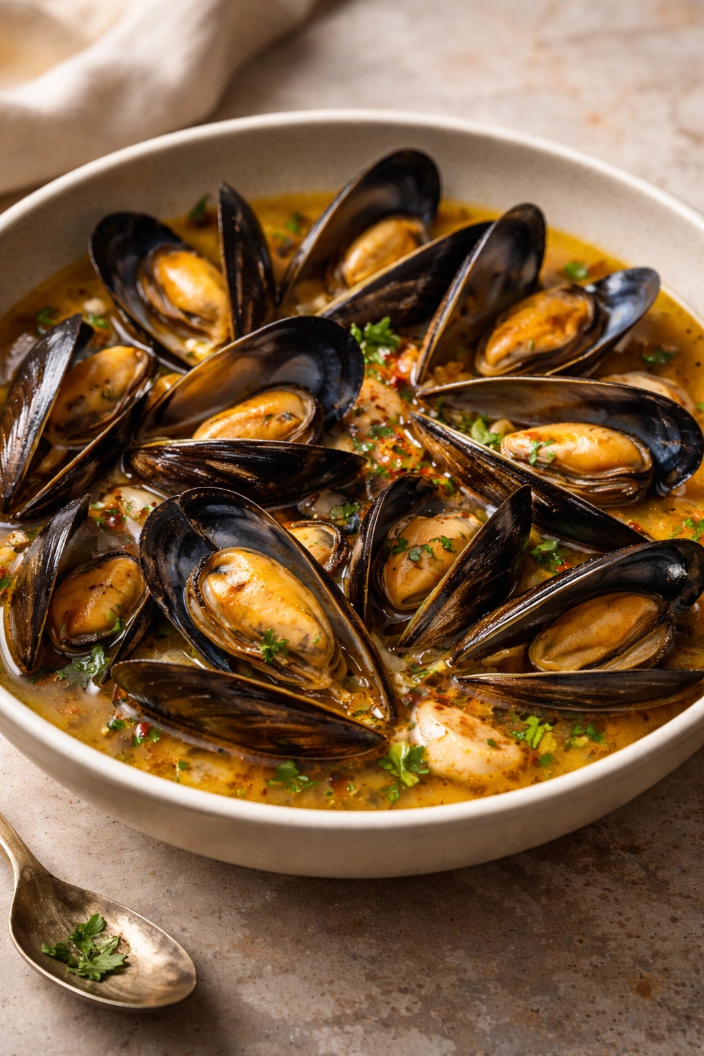 Mussels in white wine broth with saffron threads in a bowl.
