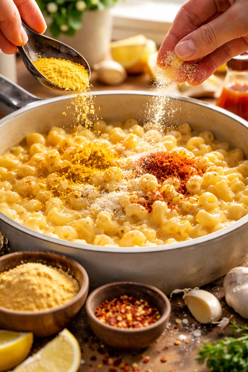 Creamy mac and cheese being seasoned with mustard and cayenne powders