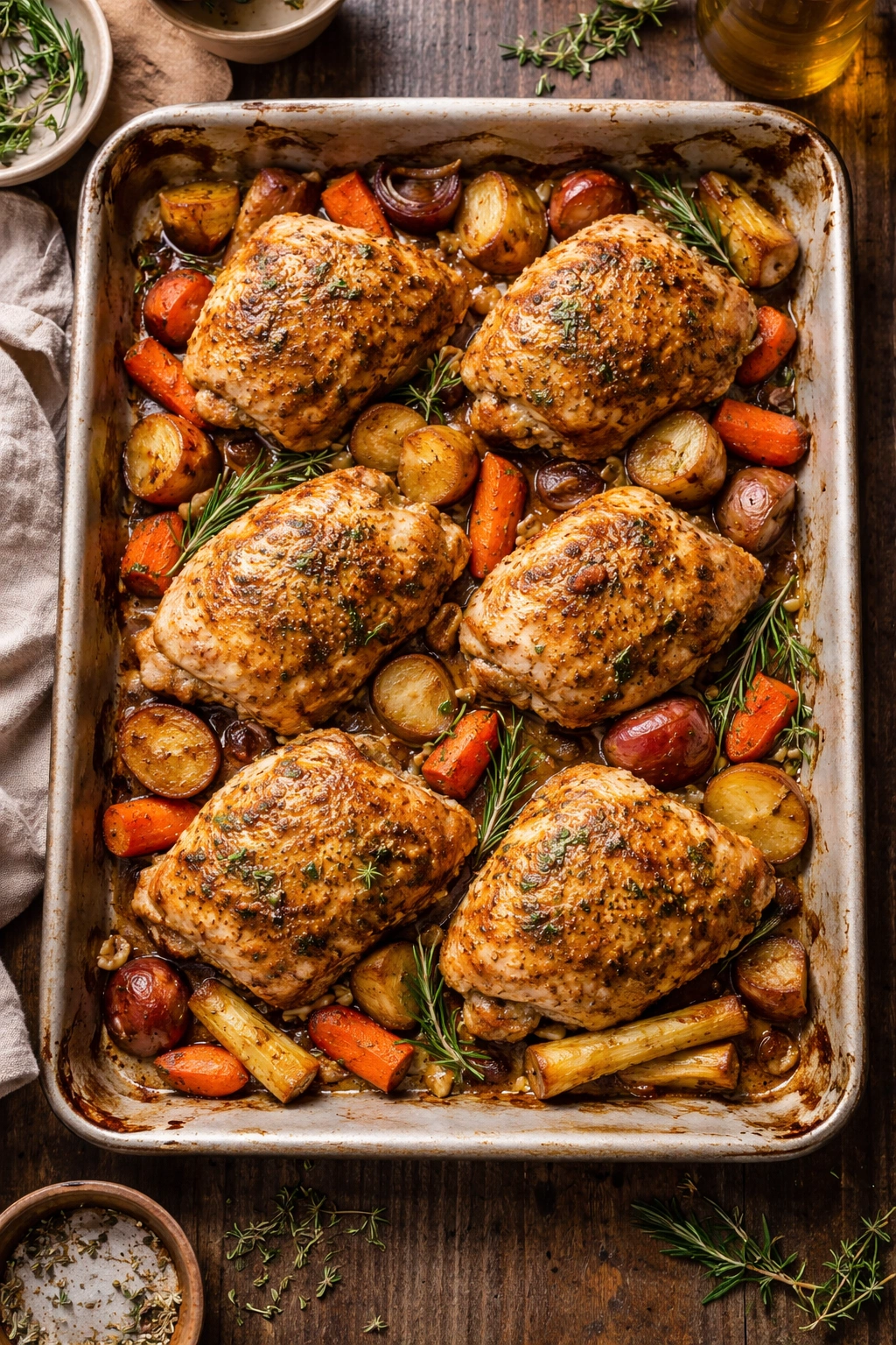Mustard herb roasted chicken thighs with root vegetables on sheet pan