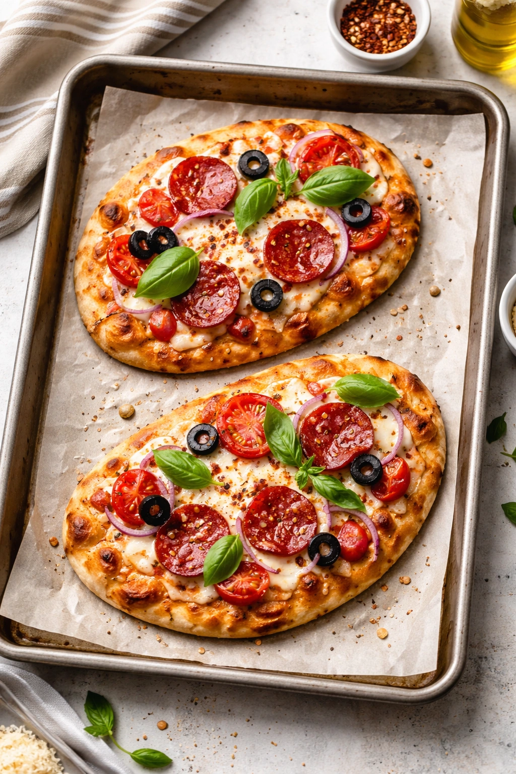 Two naan pizzas on parchment with melted cheese and crisp crusts