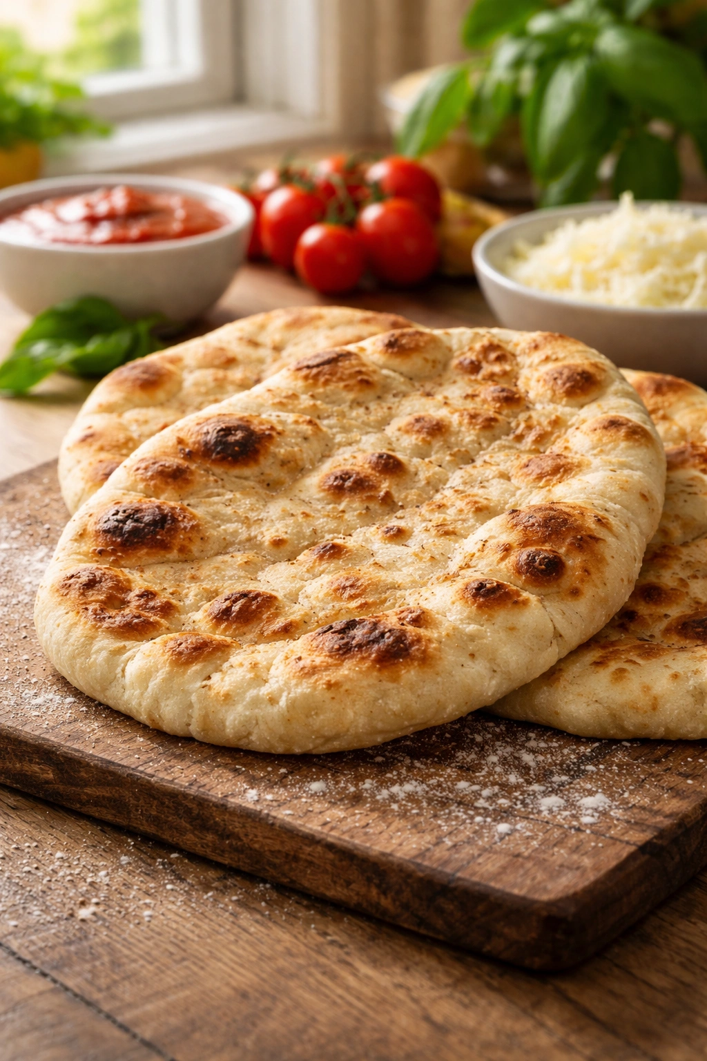 Close-up of thick naan bread with char marks on a wooden board, showcasing texture