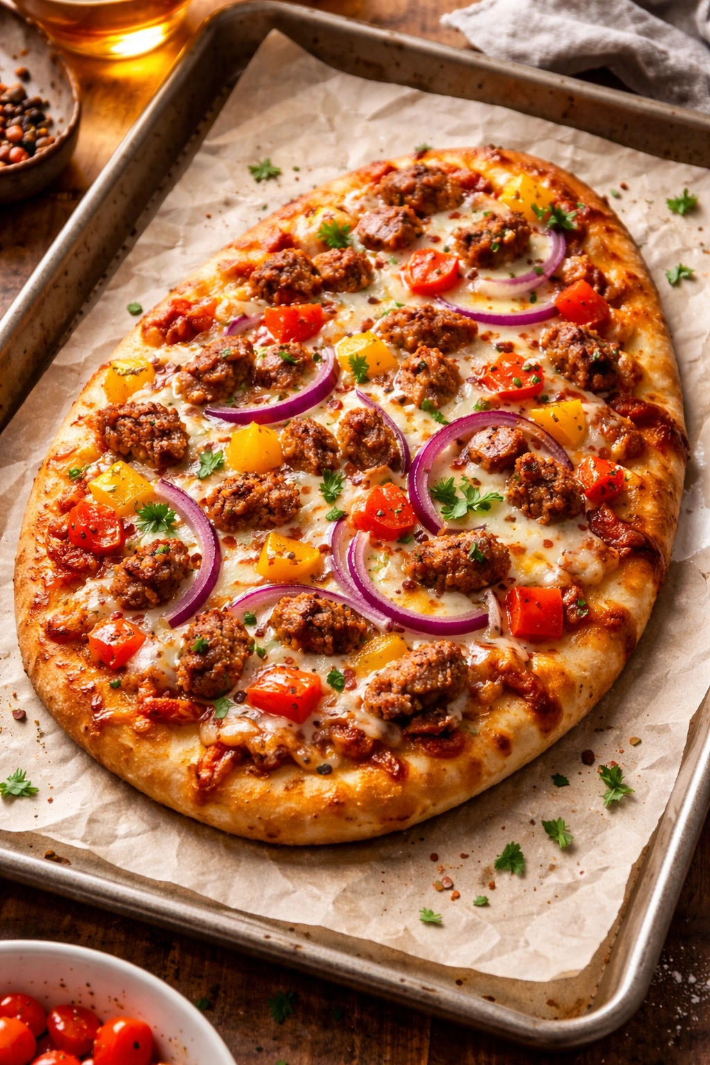 Naan pizza topped with mozzarella, sausage, onions, and peppers