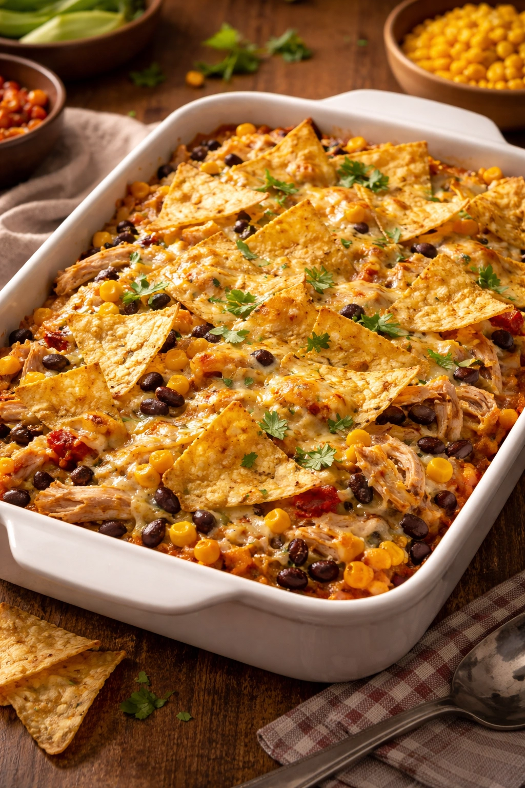Nacho chicken and cheese casserole with shredded chicken beans corn cheese and tortilla chips