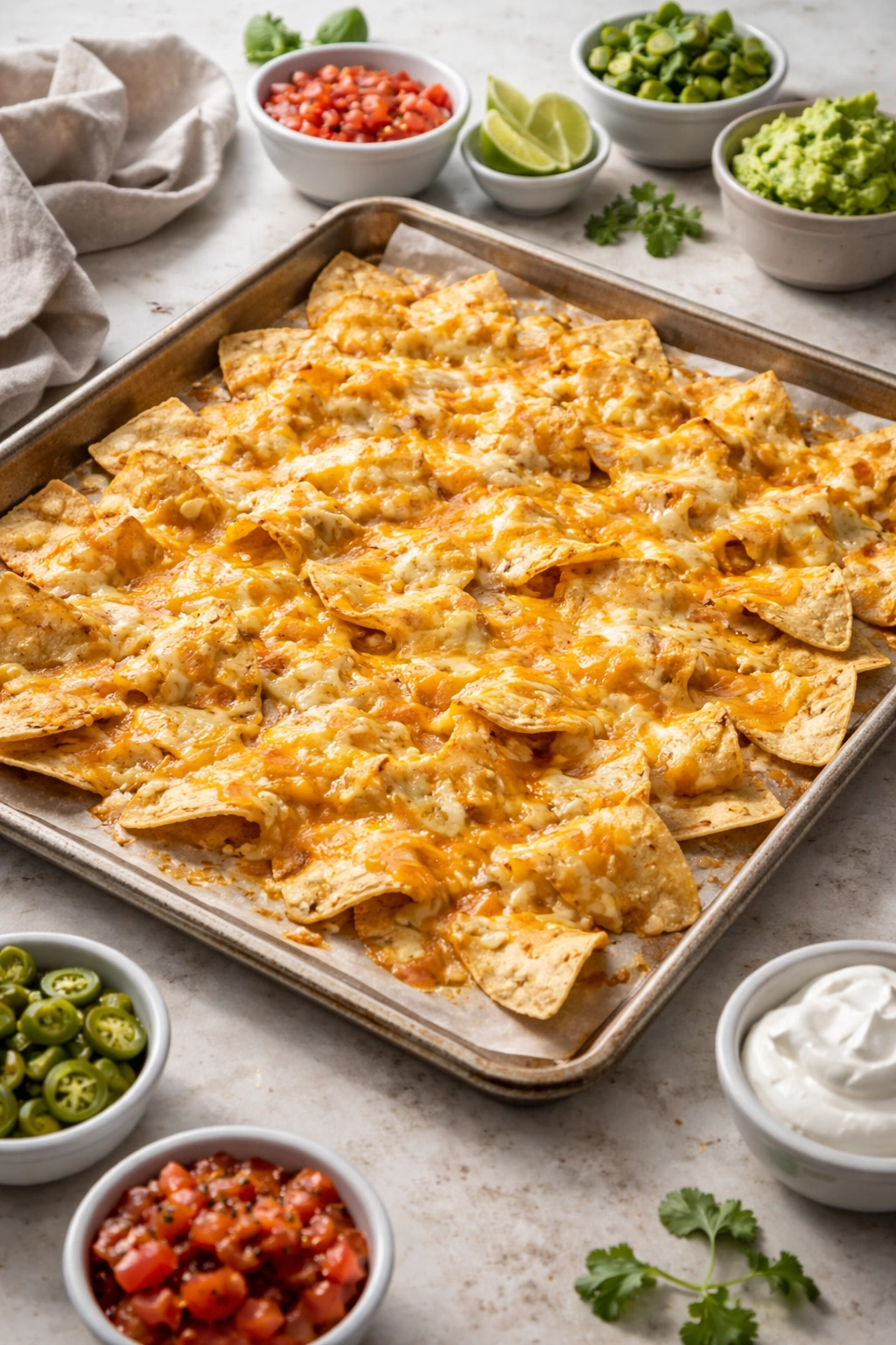 Sheet pan nachos with evenly spread chips and melted cheese