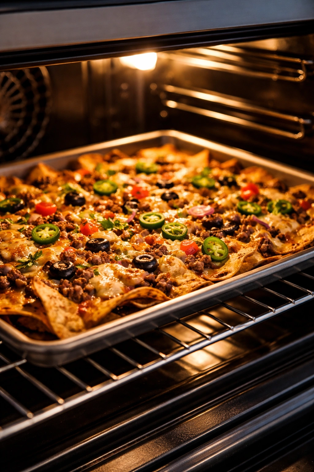 Oven-baked nachos with bubbling cheese on a sheet pan