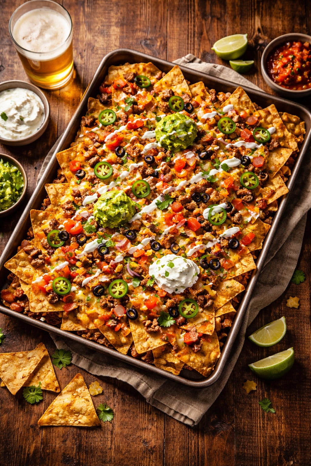 Finished sheet pan nachos on a table ready to serve