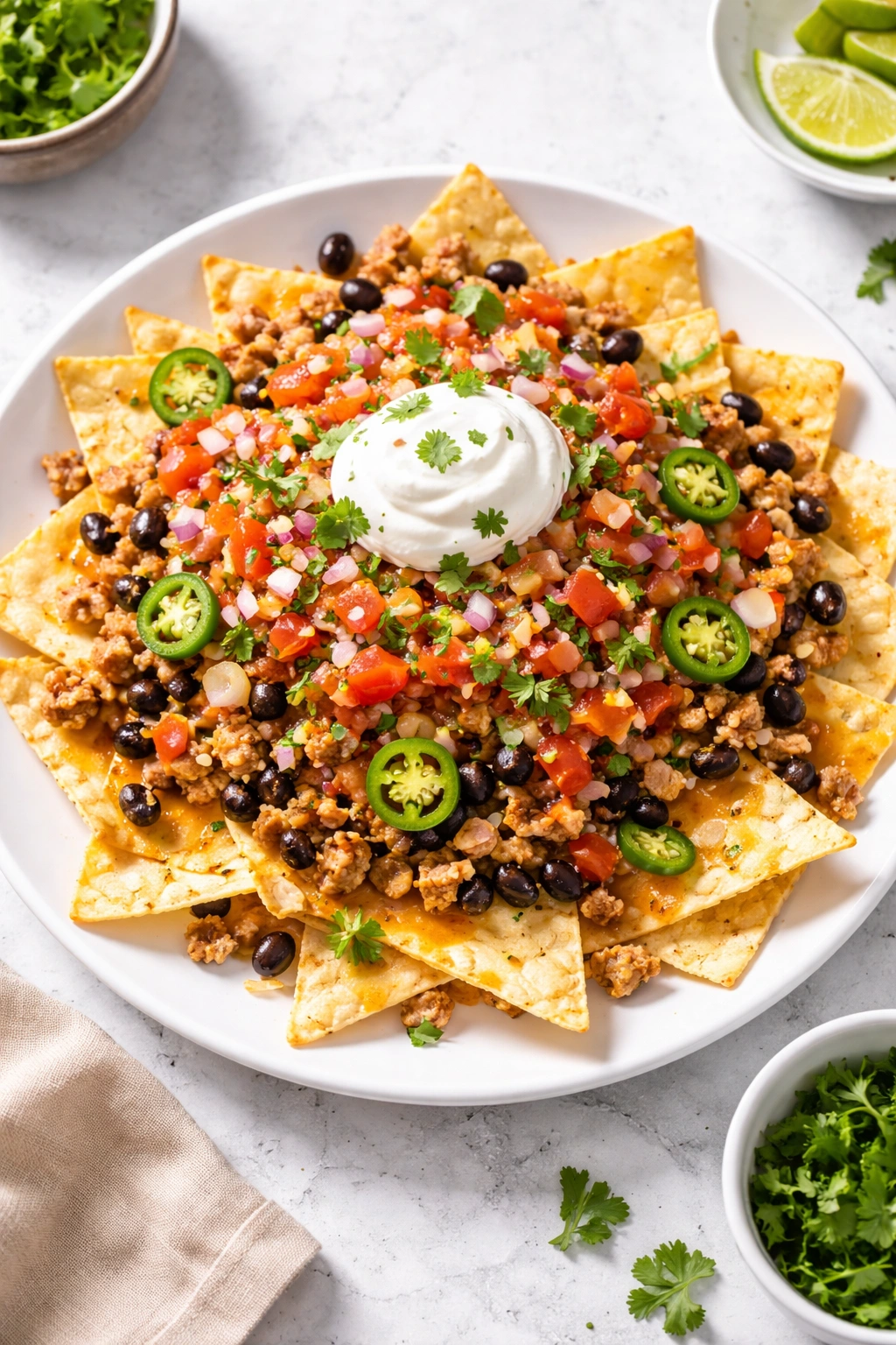 Loaded nachos with turkey, beans, cheese and pico de gallo