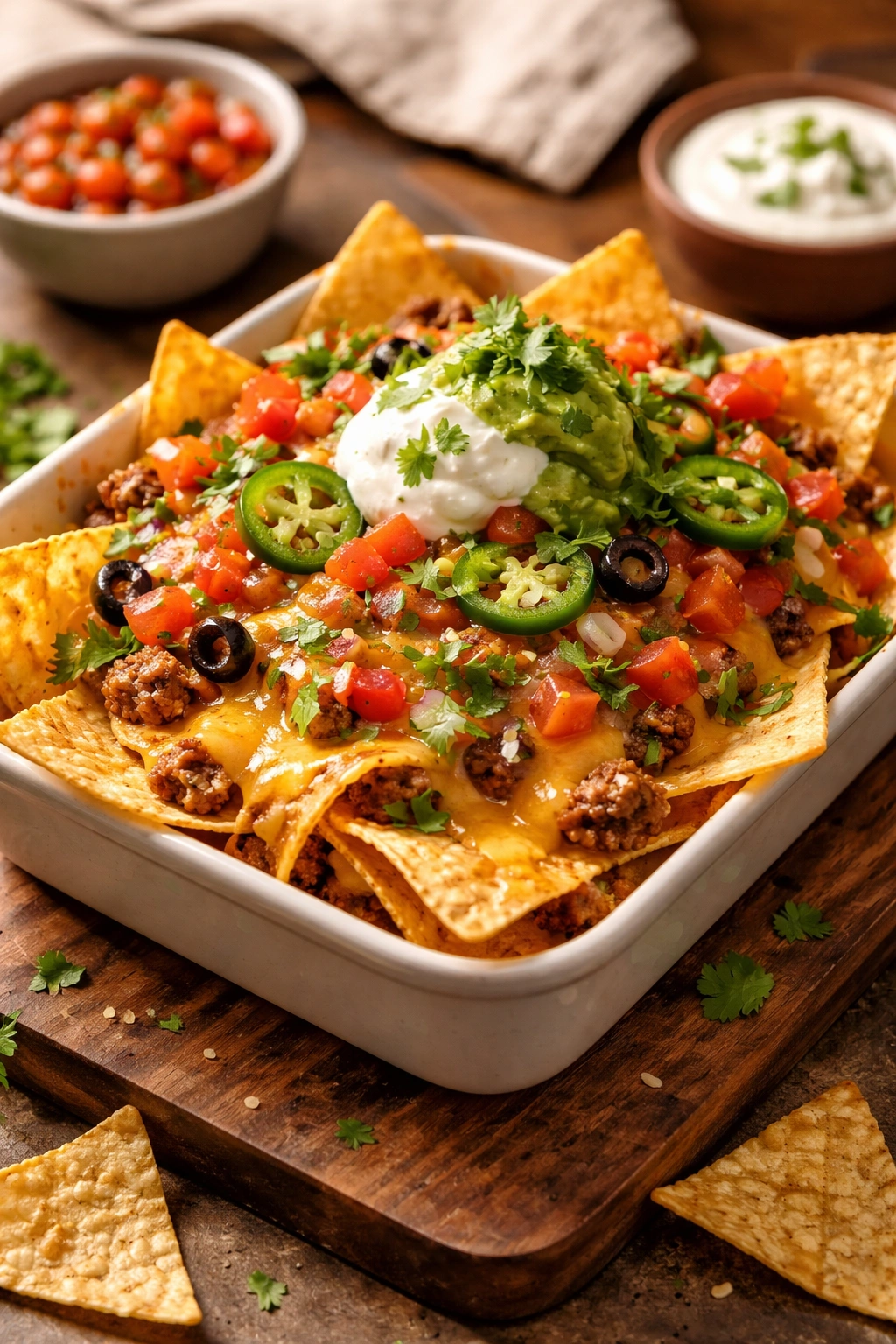 Loaded nachos with melted cheese and toppings in a baking dish