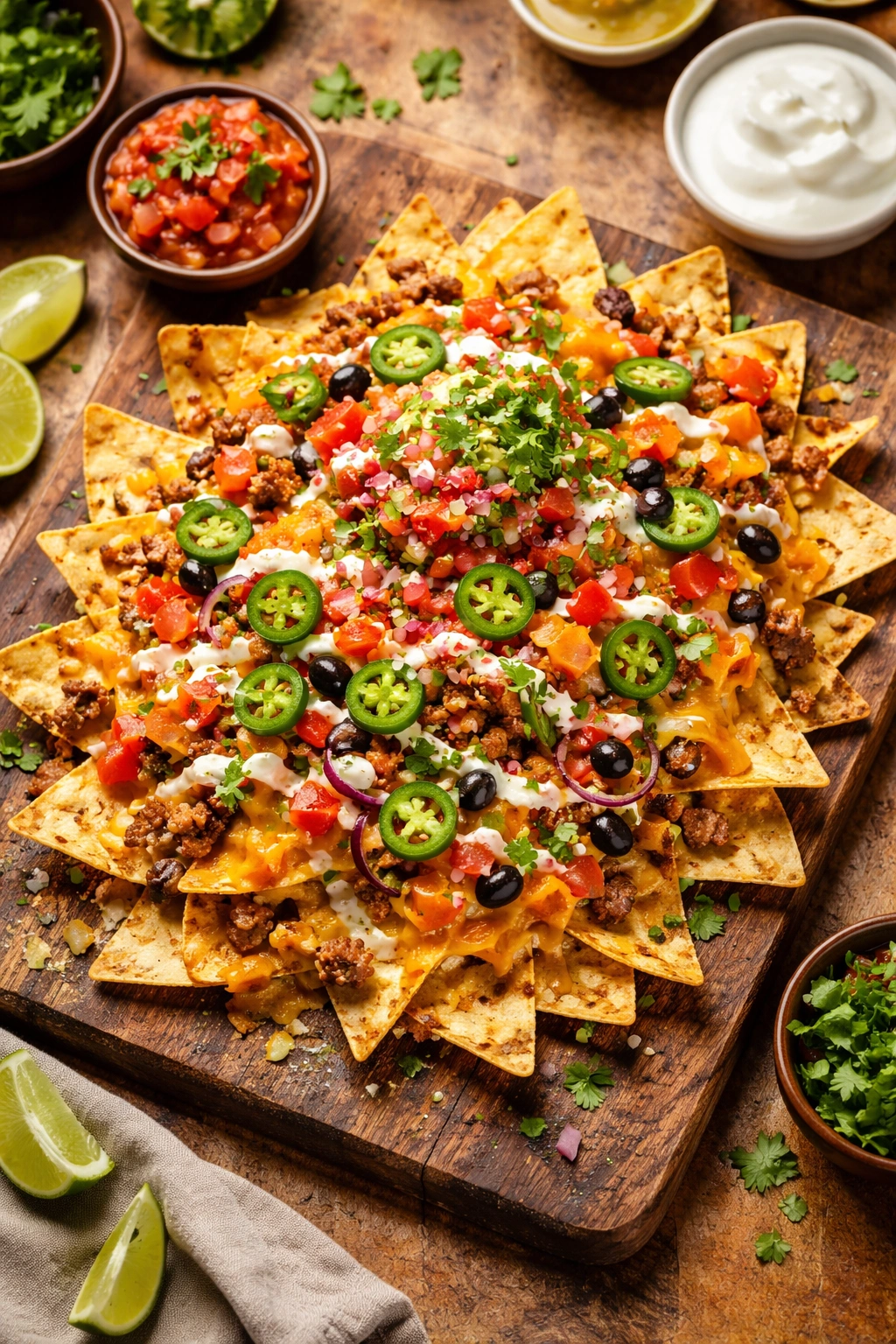 Loaded nachos with melted cheese and toppings on a wooden board