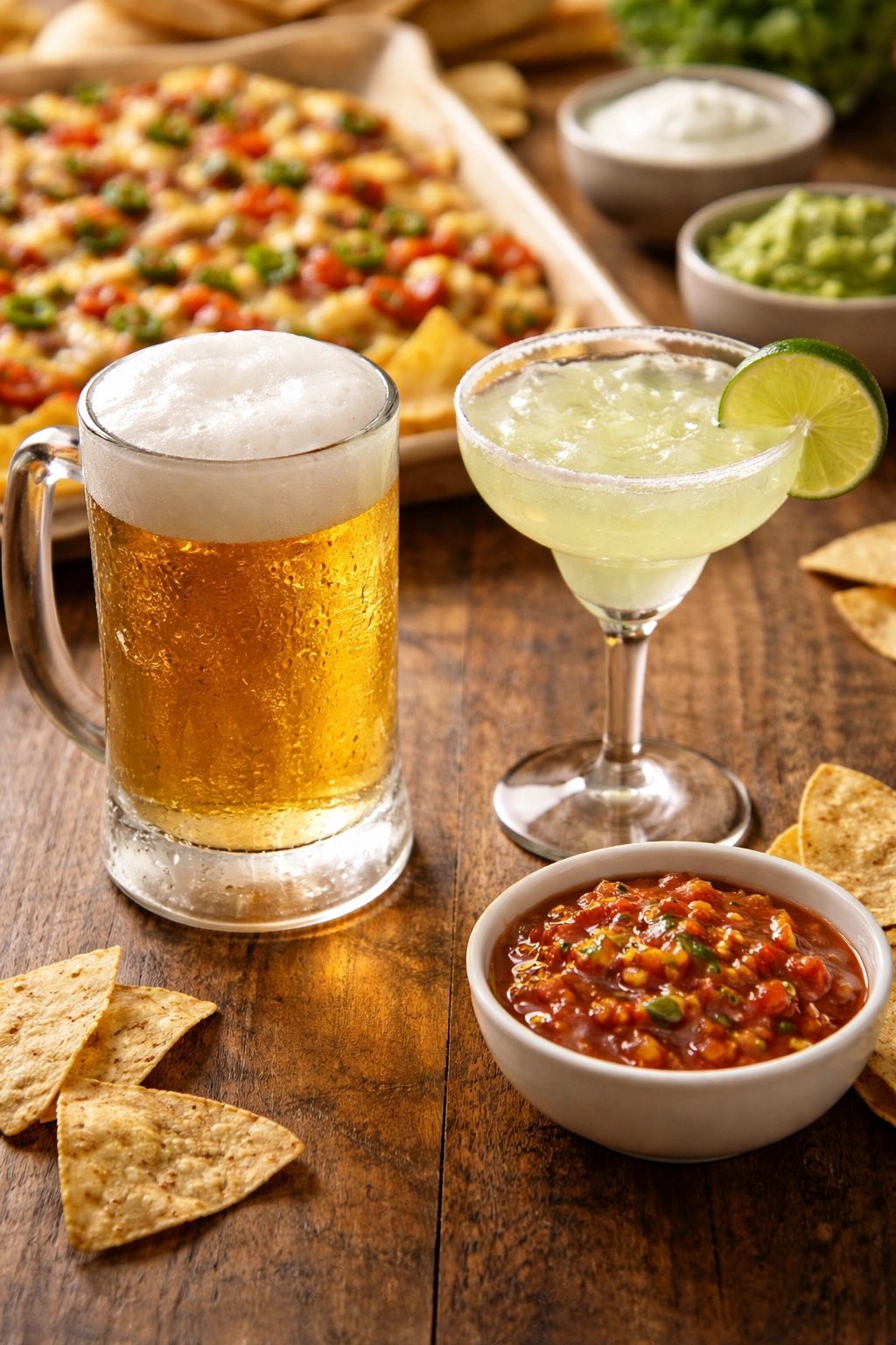 Drinks pairing with nachos idea: beer and margarita glasses on a table