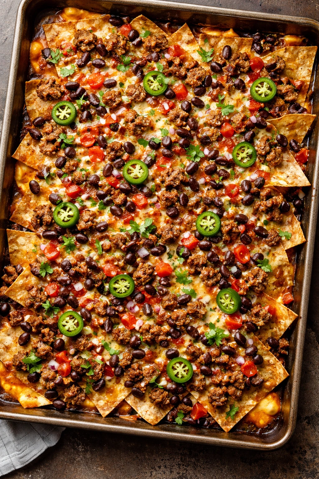 Sheet pan nachos with chips, beef, and melted cheese