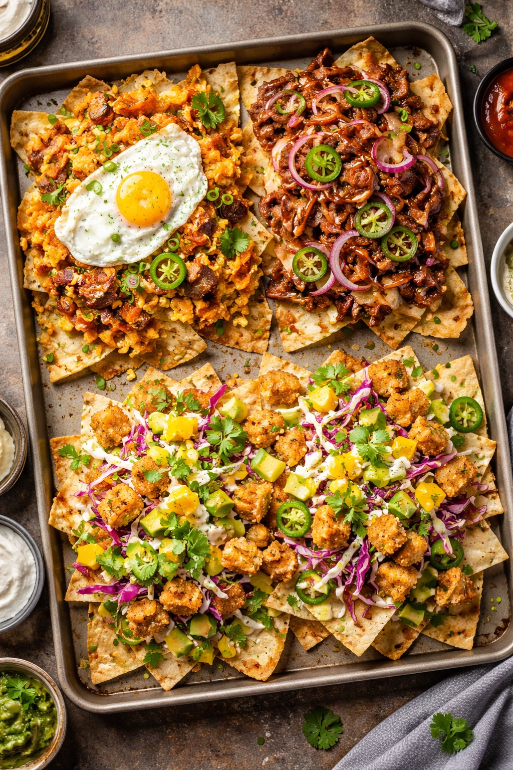 Three nacho variations on a sheet pan: breakfast-style with egg and hash browns, pulled pork with barbecue sauce, fish taco-inspired with cabbage and mango