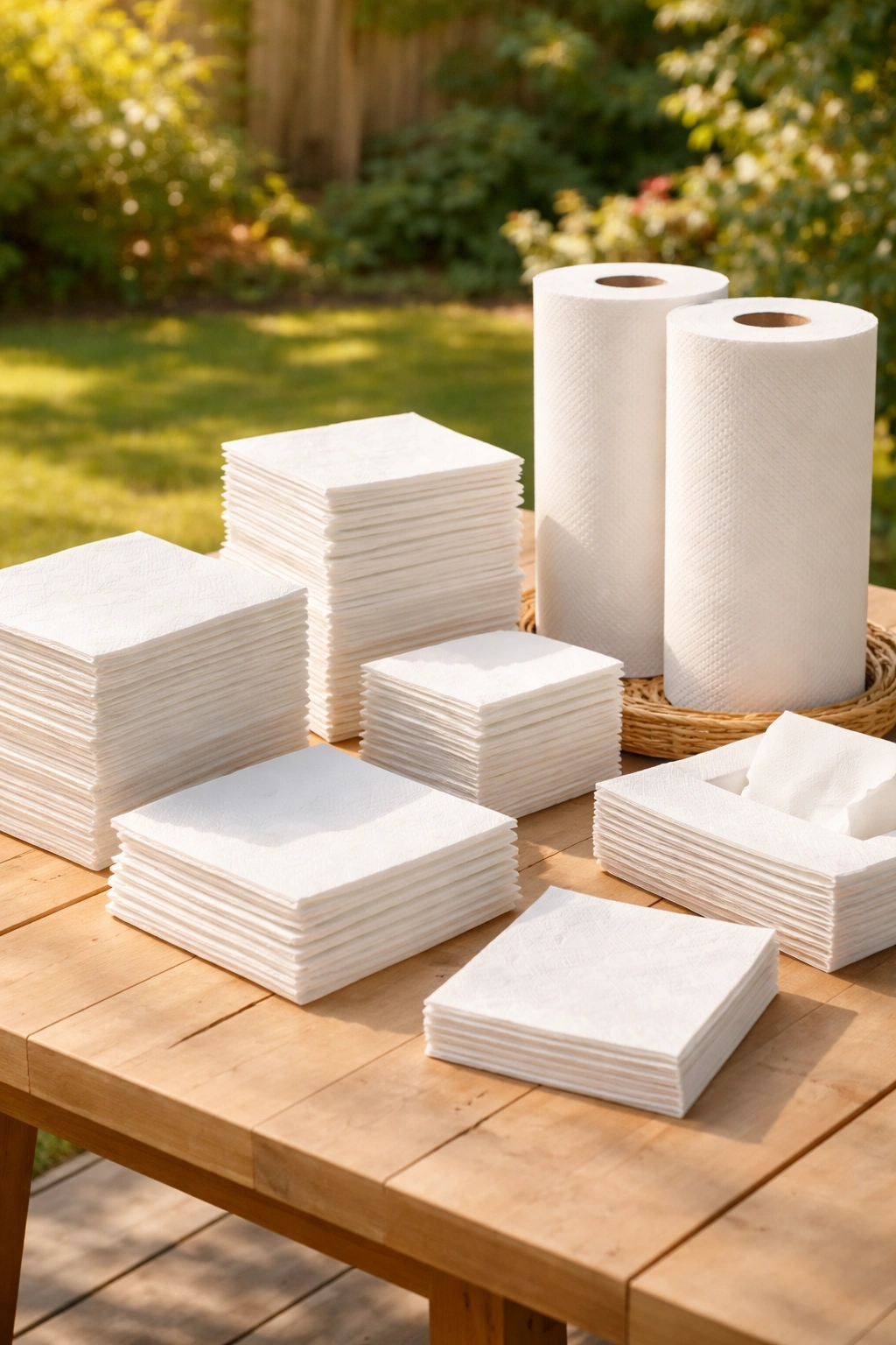 White napkins and paper towels neatly arranged on a table outdoors.