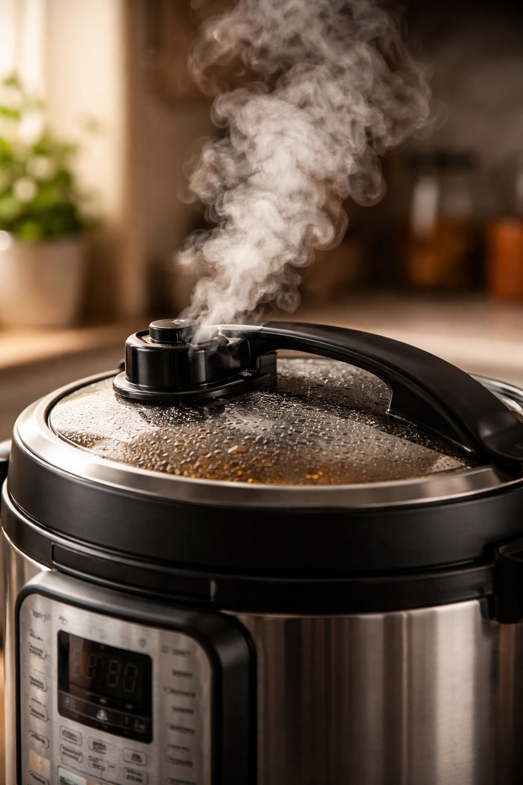 Steam escaping from vented lid with condensation