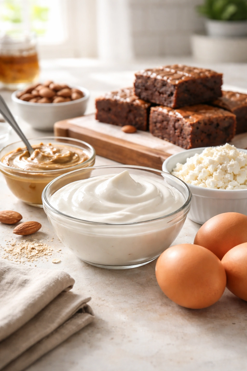 Close-up of Greek yogurt in a glass bowl as a natural protein ingredient.