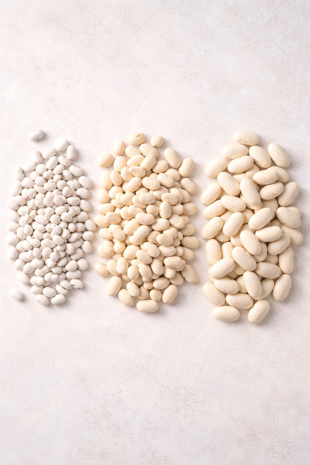 Three varieties of white beans arranged on a light surface