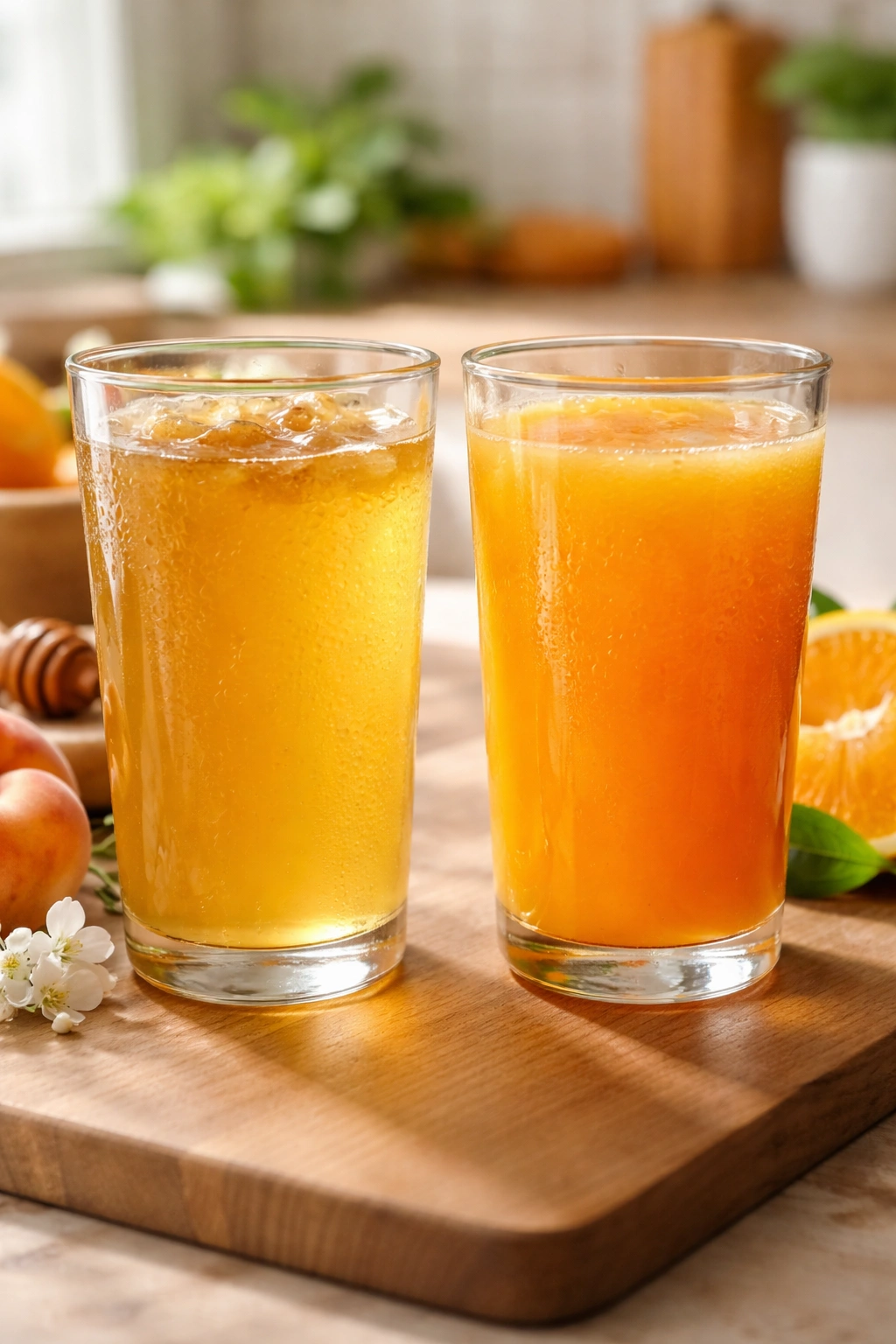 Two beverages show nectar's honey color and juice color contrast