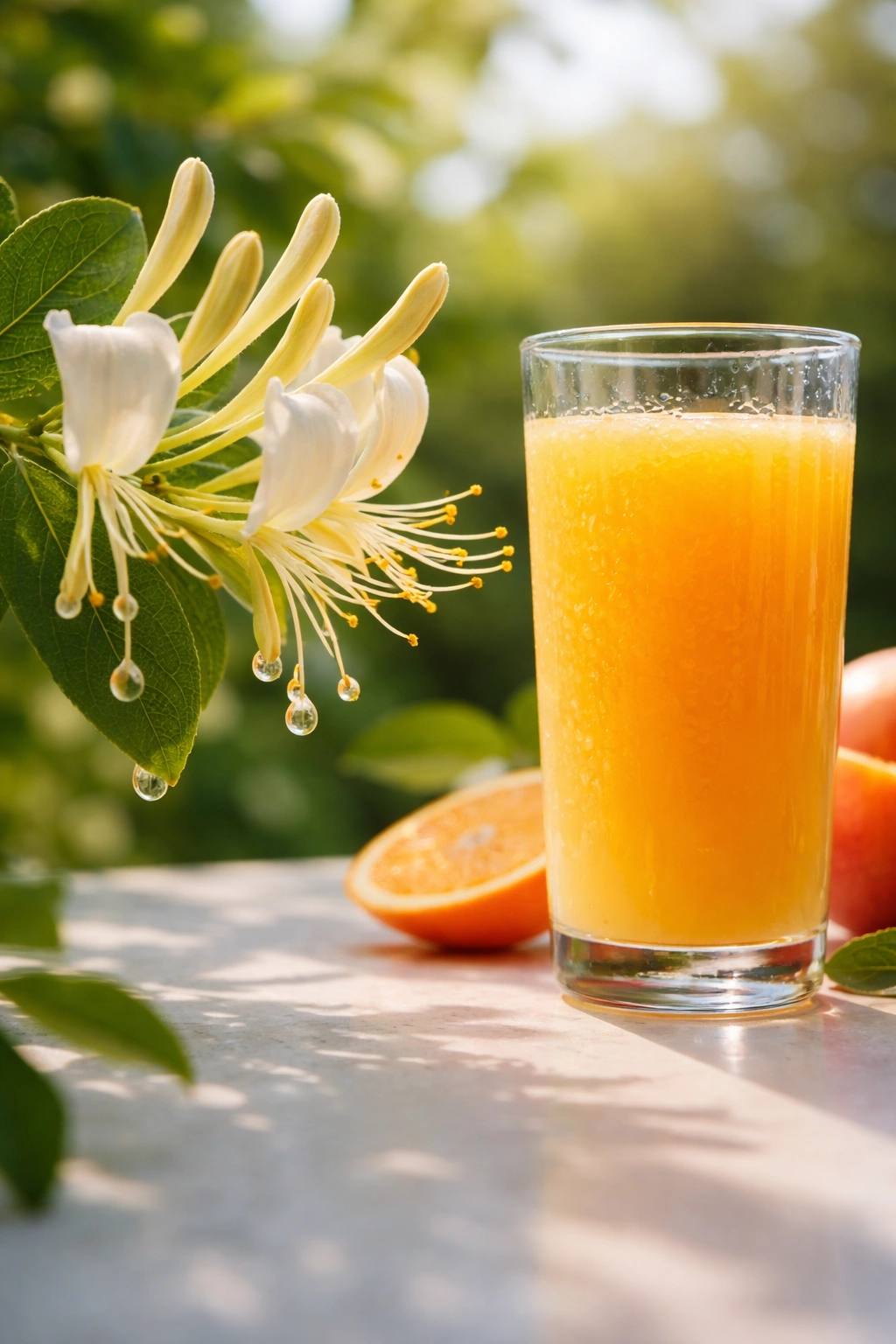 Close-up of nectar droplets on honeysuckle beside a glass of orange juice