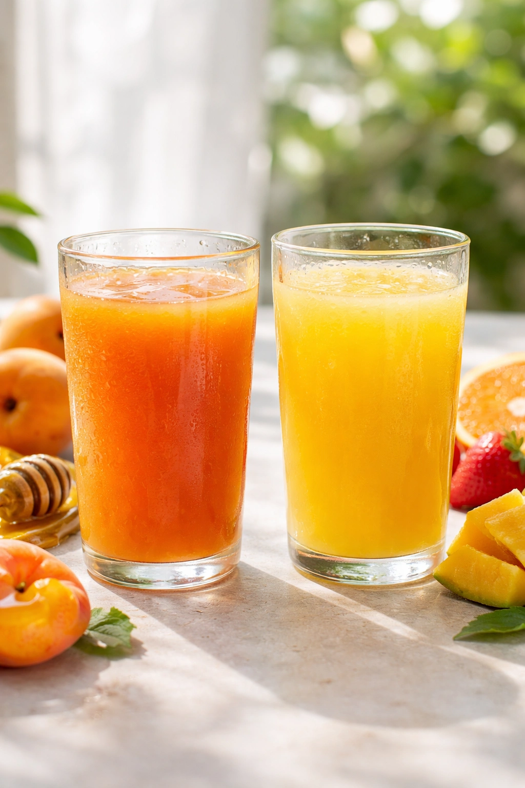 Two beverages displaying nectar and juice to imply nutrition