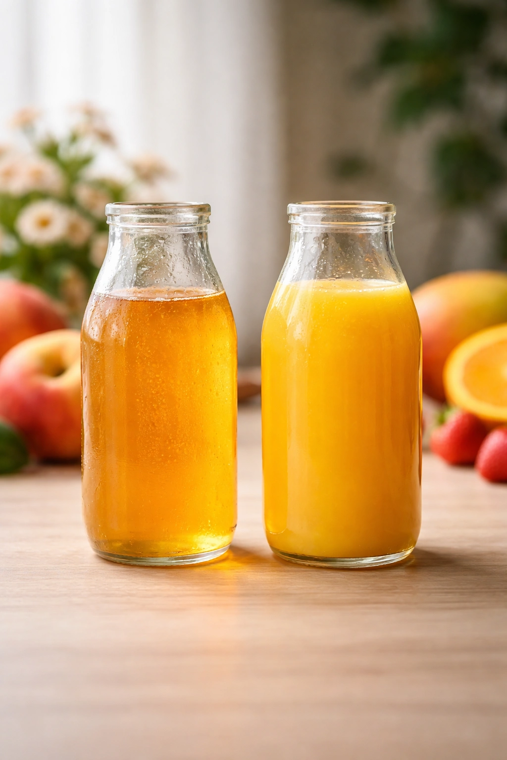 Close-up of nectar and juice in glass containers showing differences in viscosity and color