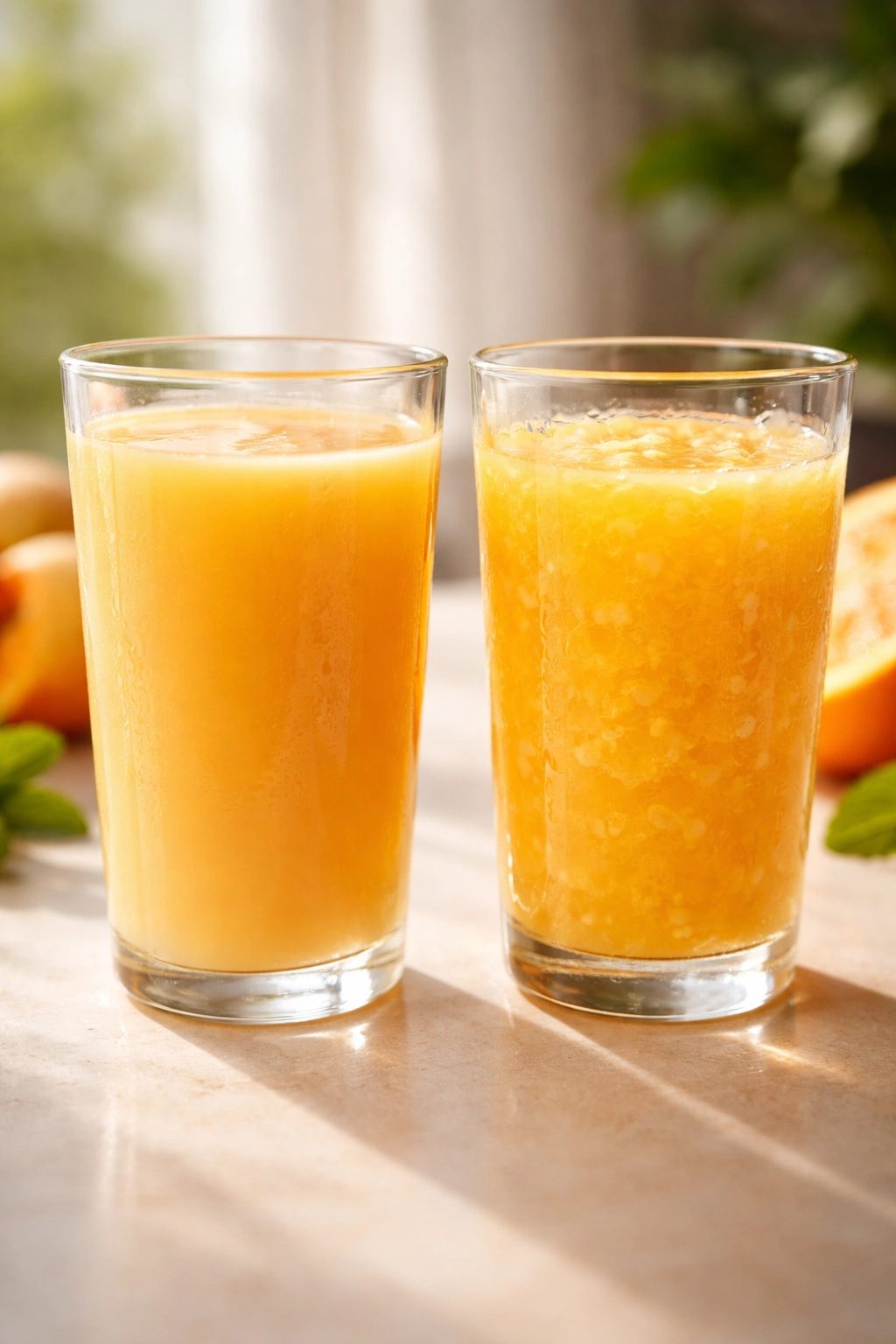 Smooth nectar contrasted with pulp-filled juice