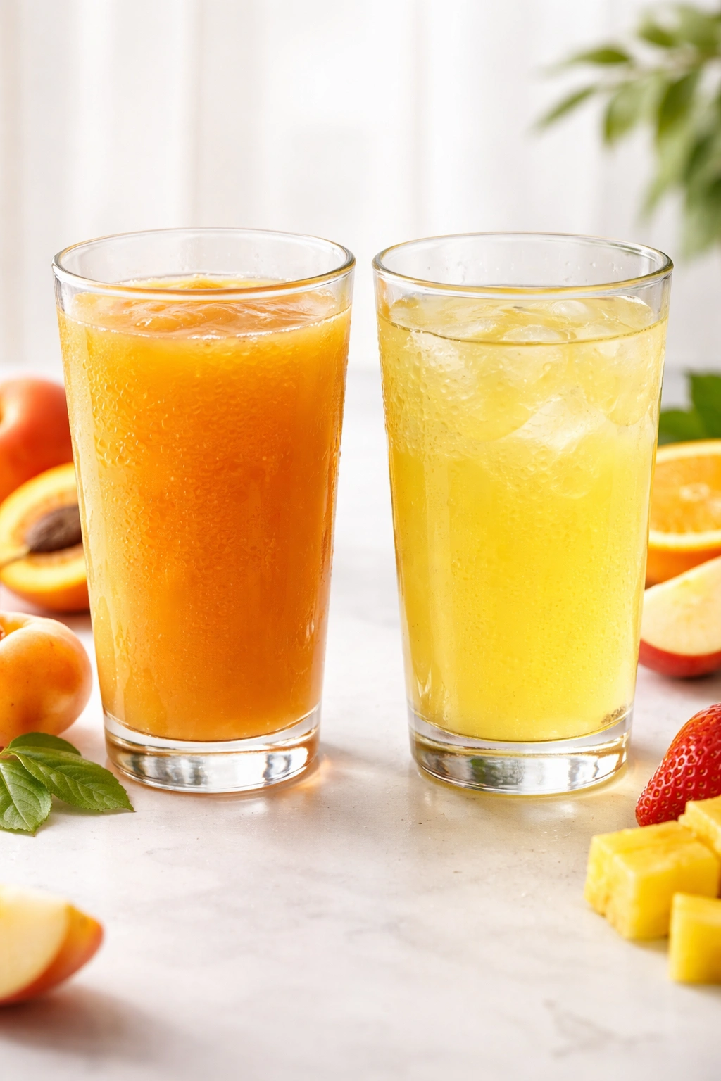 Side-by-side glasses showing nectar's thick viscosity and juice's lighter viscosity