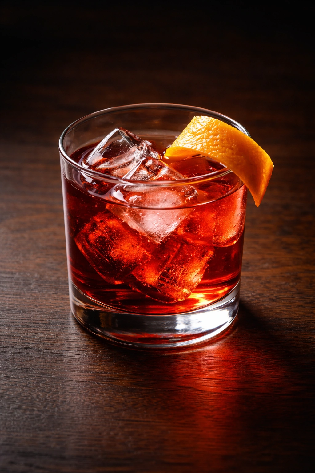Negroni in a short glass with ice and orange twist on dark wood