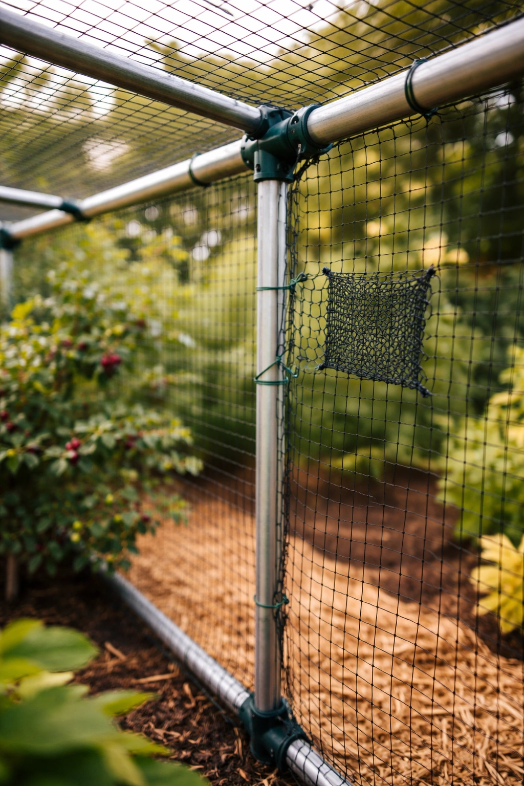 Patched netting on fruit cage showing maintenance work.
