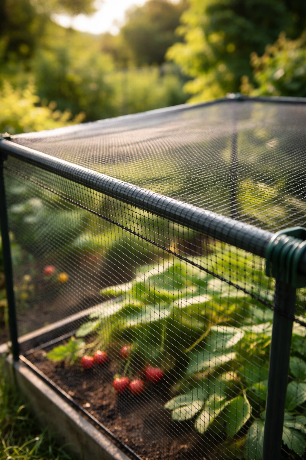 Close-up of fine mesh netting on a fruit cage frame