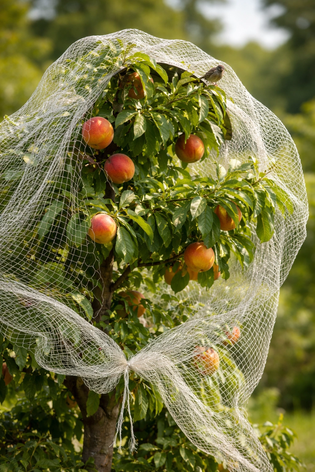 Netting shown with gaps and loose edges around a fruit tree illustrating mistakes