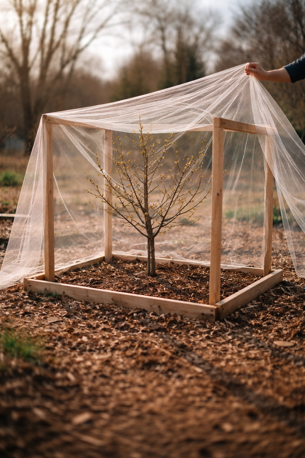 Dormant fruit tree surrounded by a wooden frame and netting ready for installation