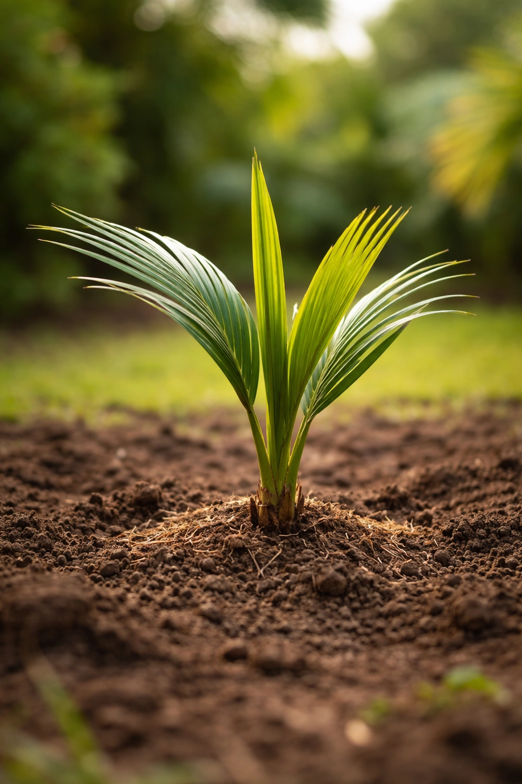 Young palm with emerging spear in a planting bed