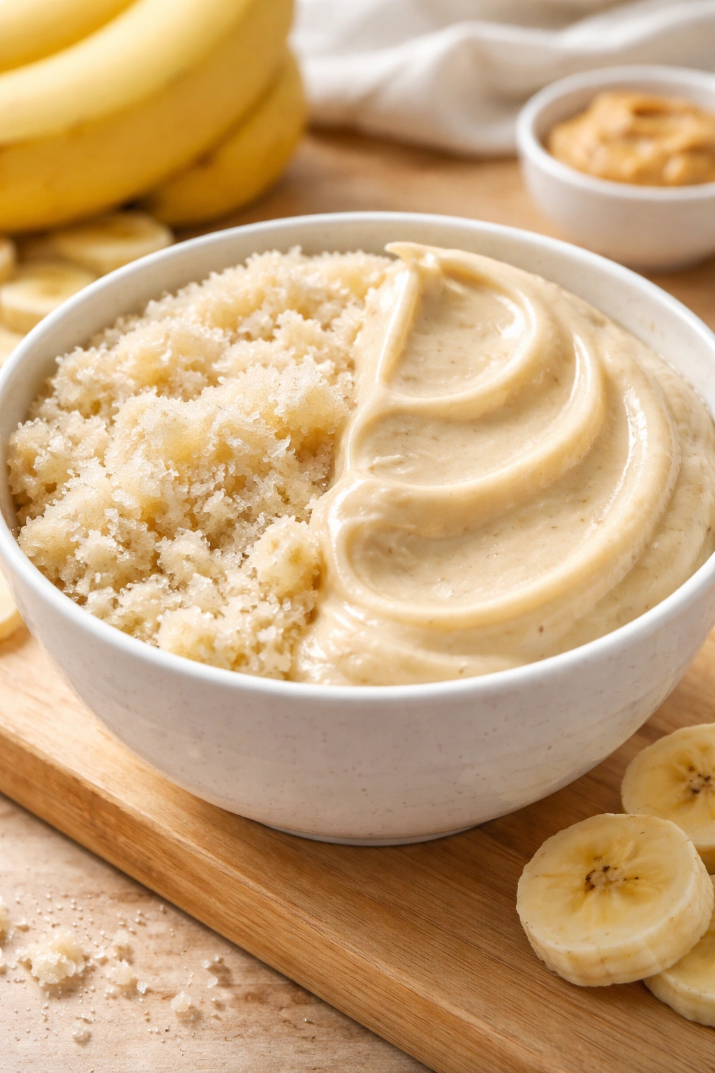 Close-up of grainy and smooth textures in a bowl to illustrate common mistakes in making nice cream