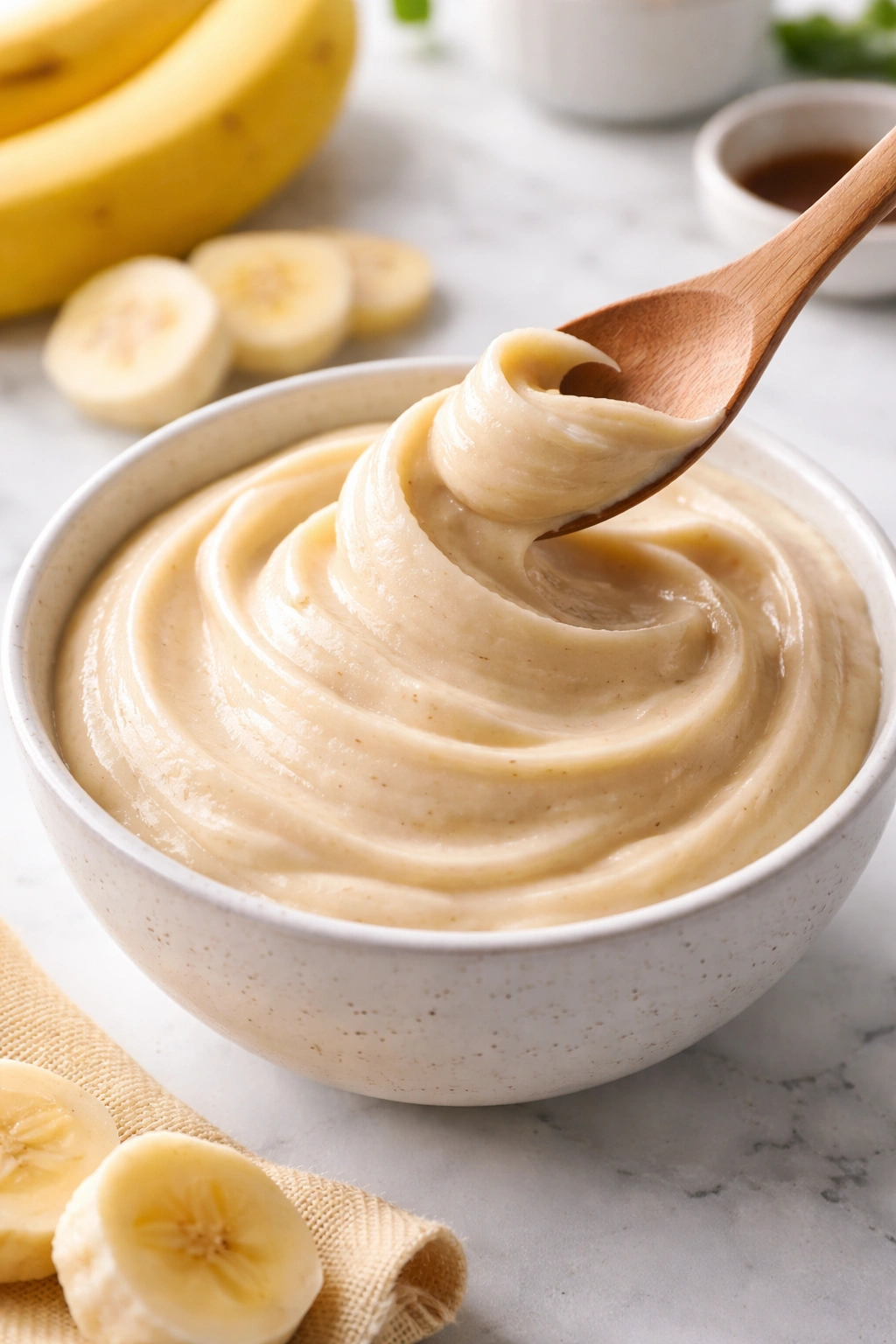 Smooth, glossy swirl of perfect texture in a bowl with a spoon