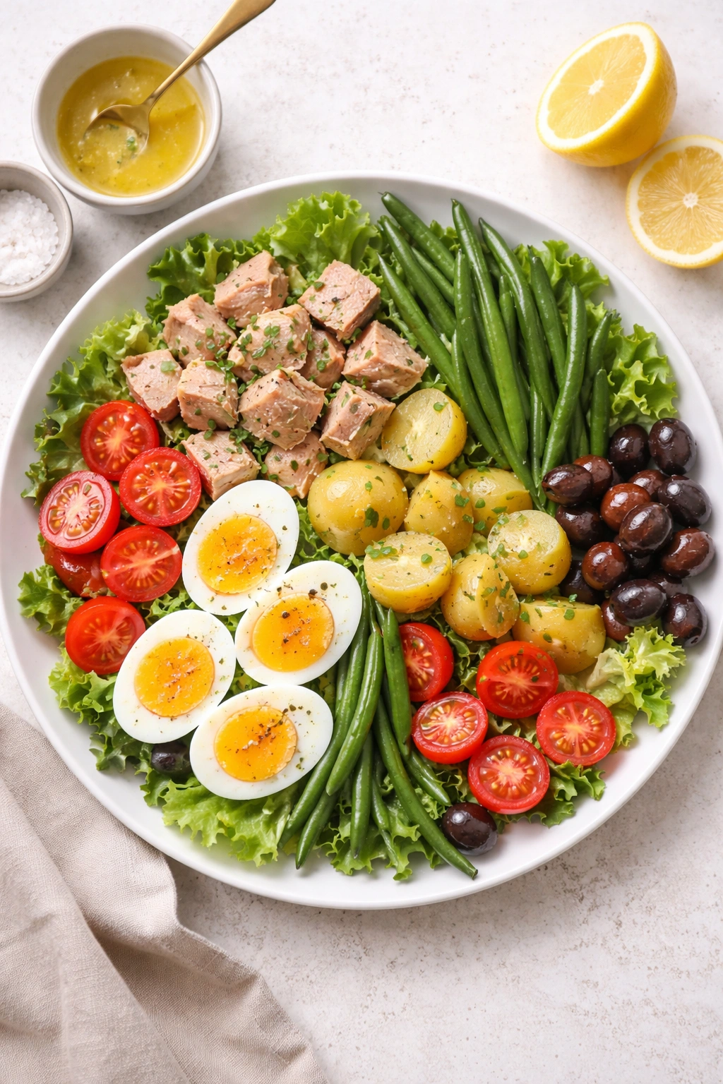 Niçoise salad with tuna and eggs arranged in neat sections