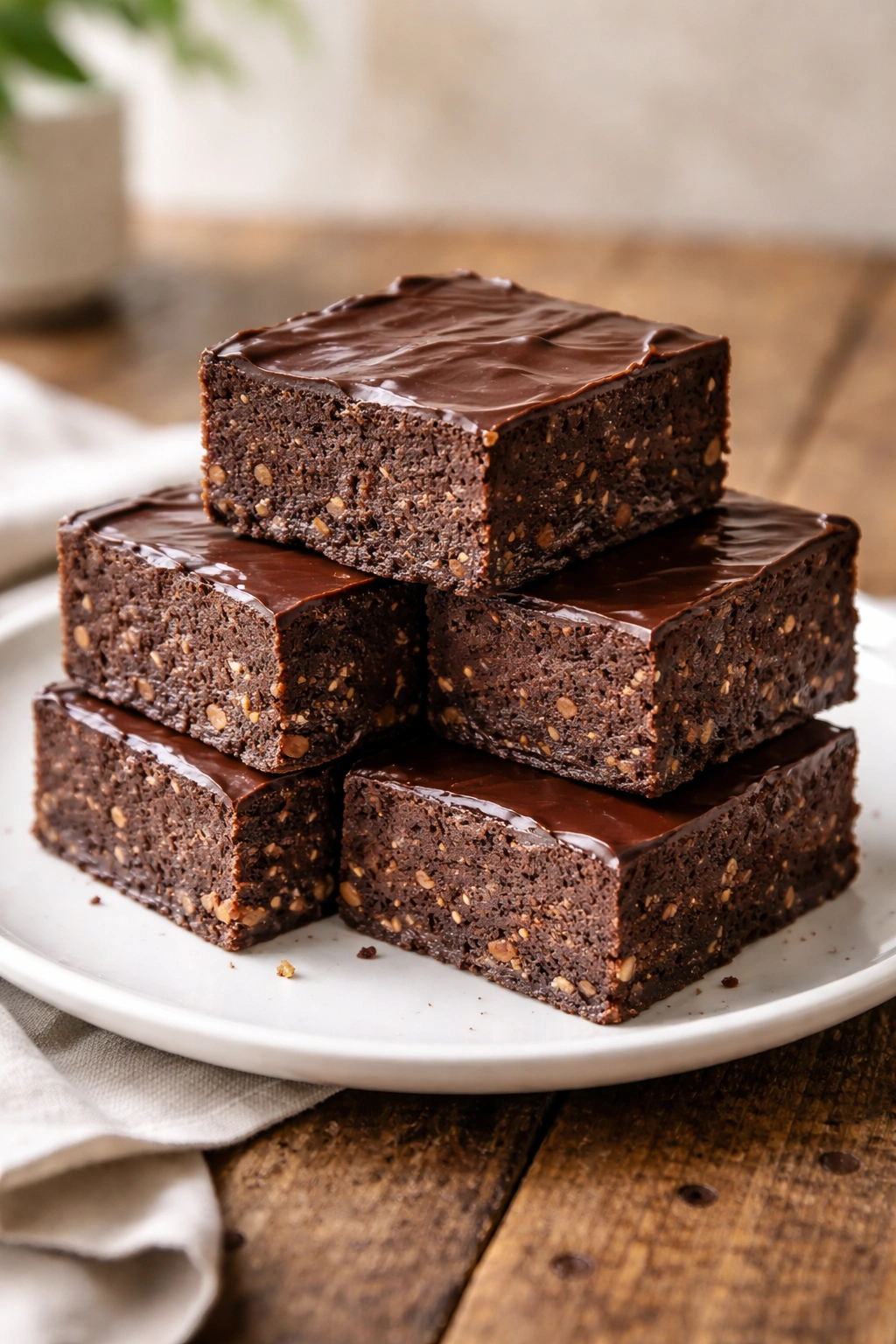 Stack of no-bake brownies on plate