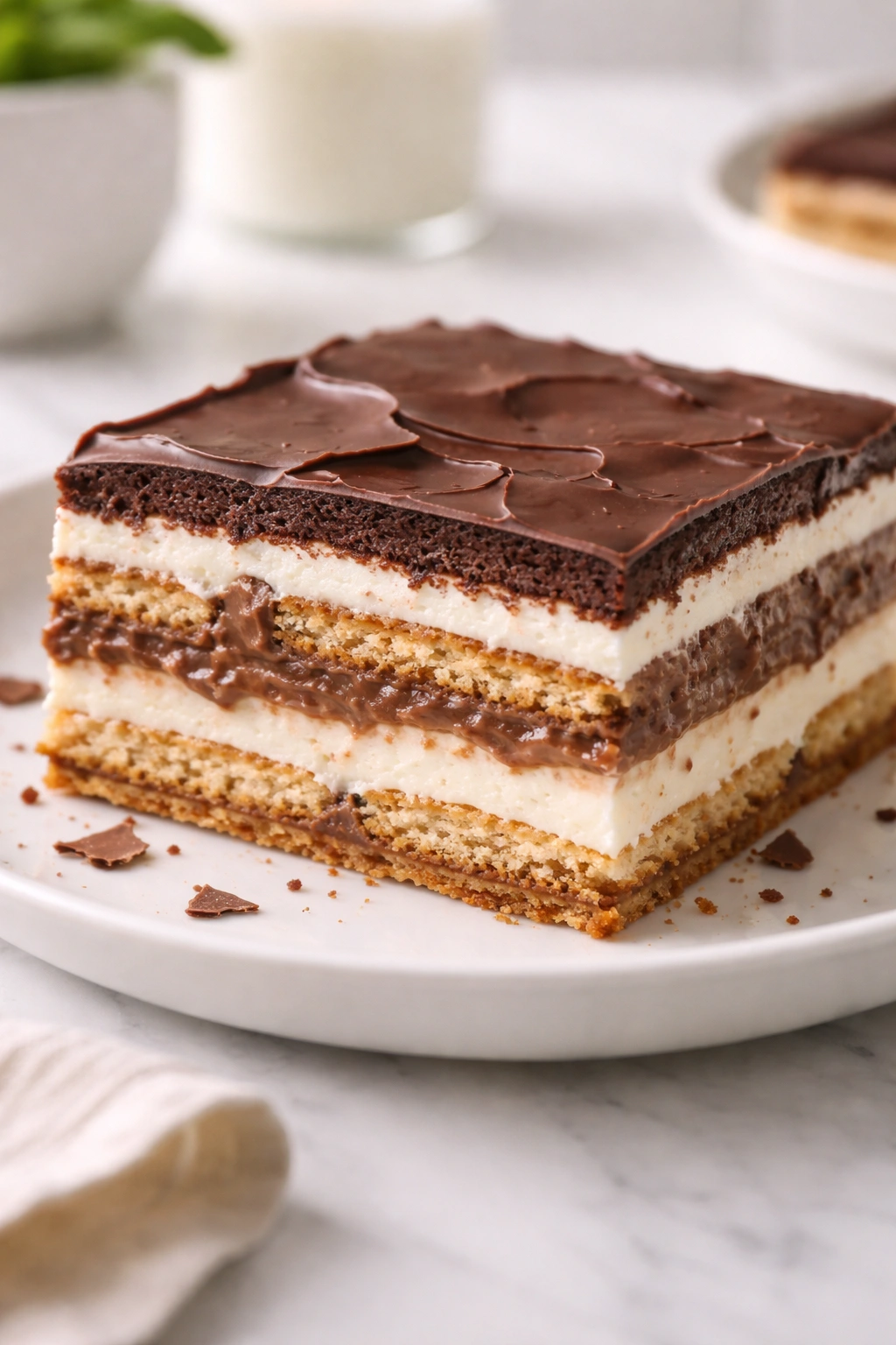 Close-up of no-bake chocolate eclair cake slice showing wafer layers and chocolate glaze