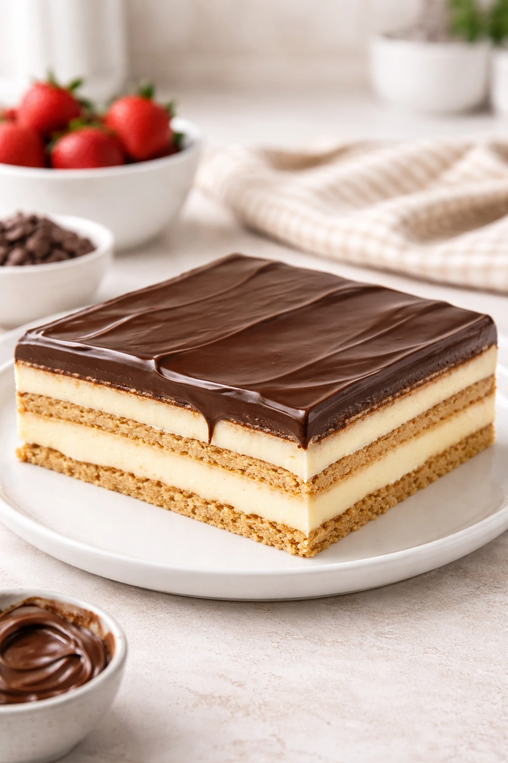 Perfectly set no-bake cake with smooth top and clean edges