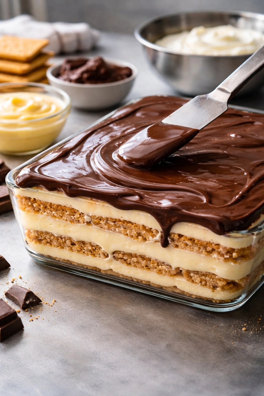 Close-up of no-bake chocolate eclair cake with glossy topping and layered texture