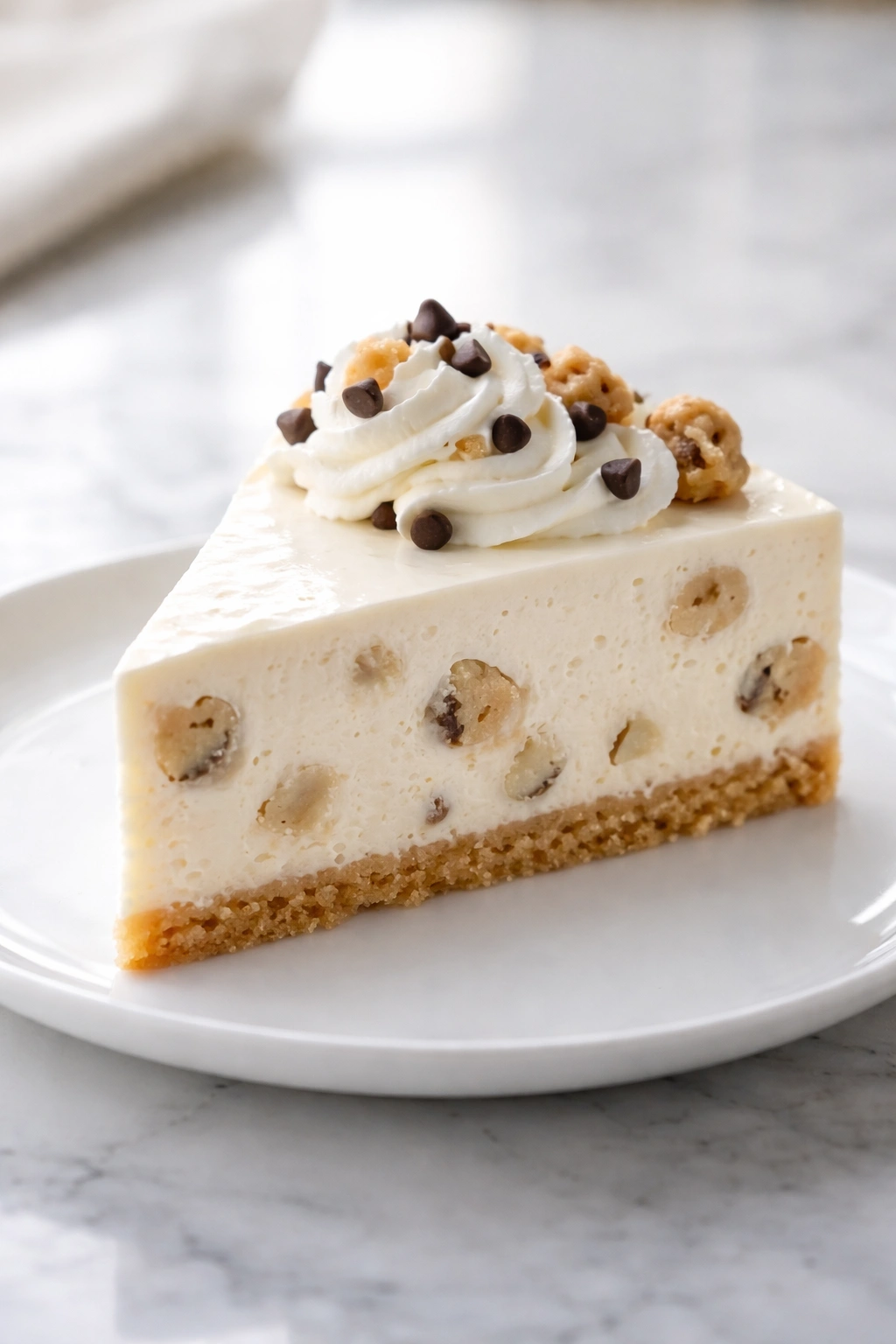 Close-up of a glossy no-bake cheesecake slice on a plate