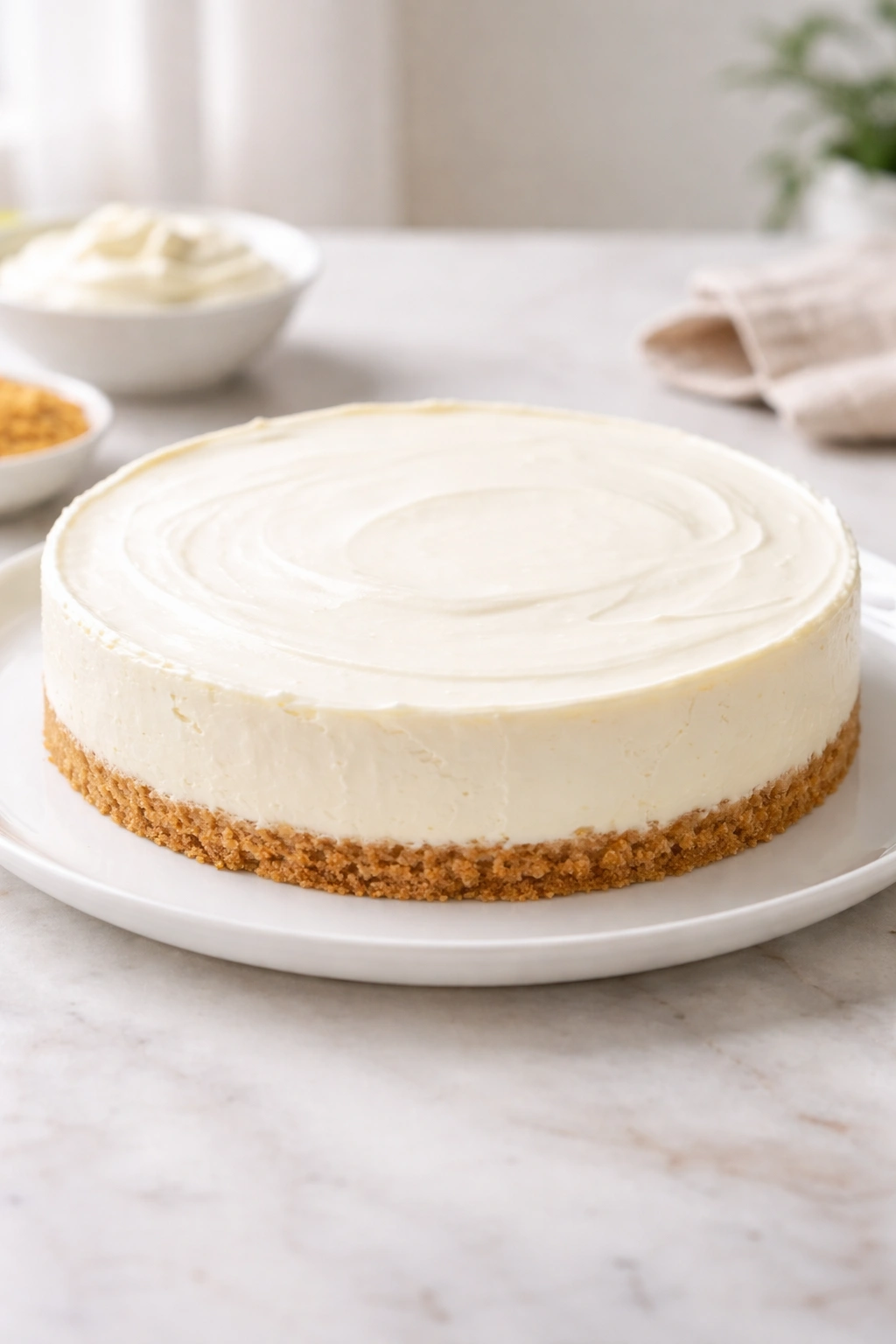 No-bake cheesecake on plate with creamy surface