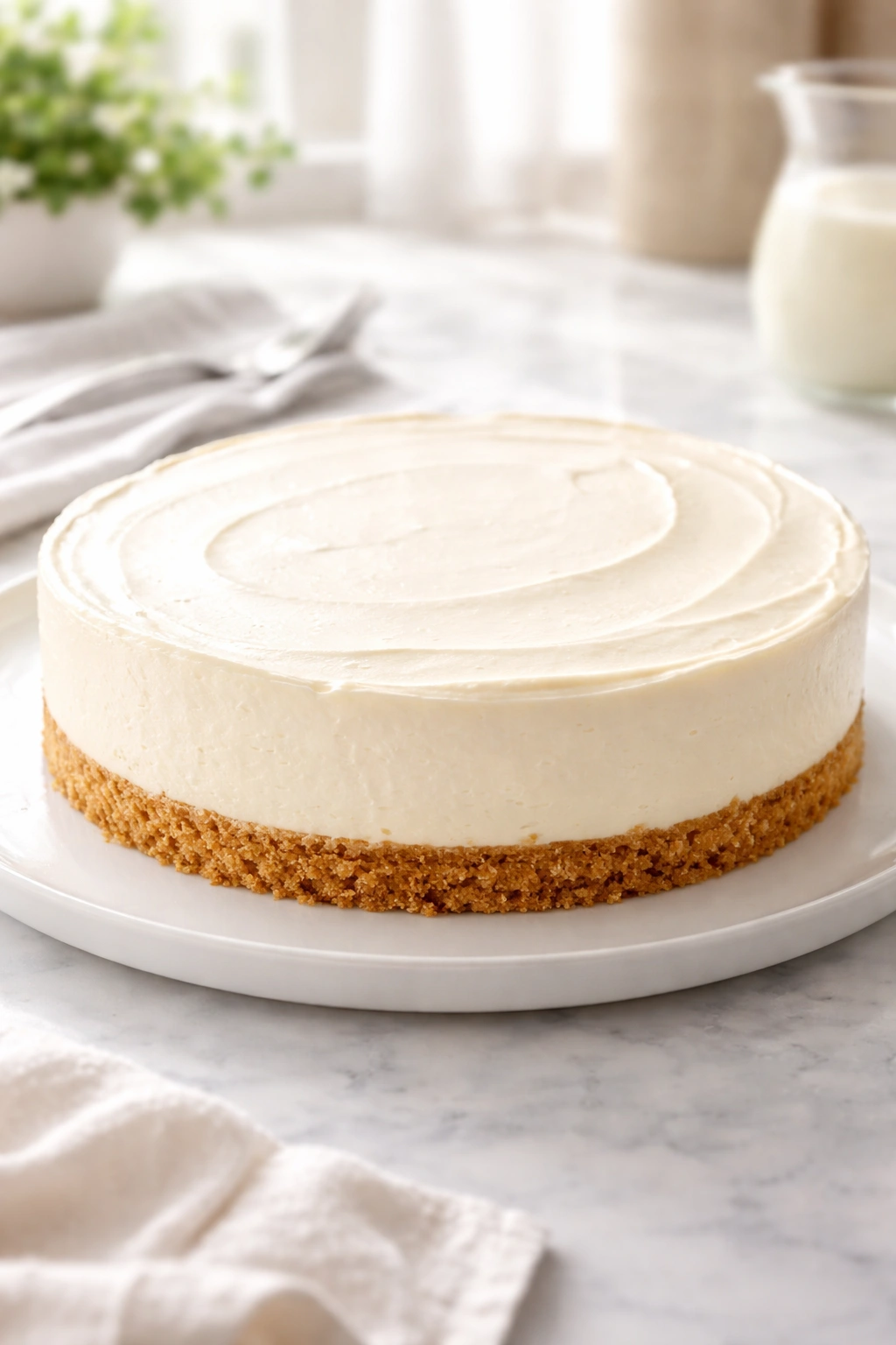 Close-up of creamy no-bake cheesecake with graham crust on plate
