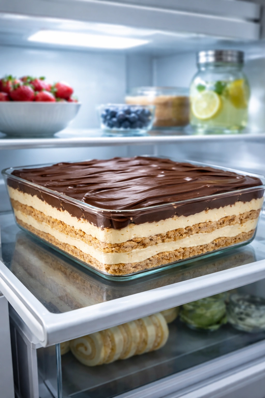 Chilled no-bake chocolate eclair cake in glass dish inside refrigerator