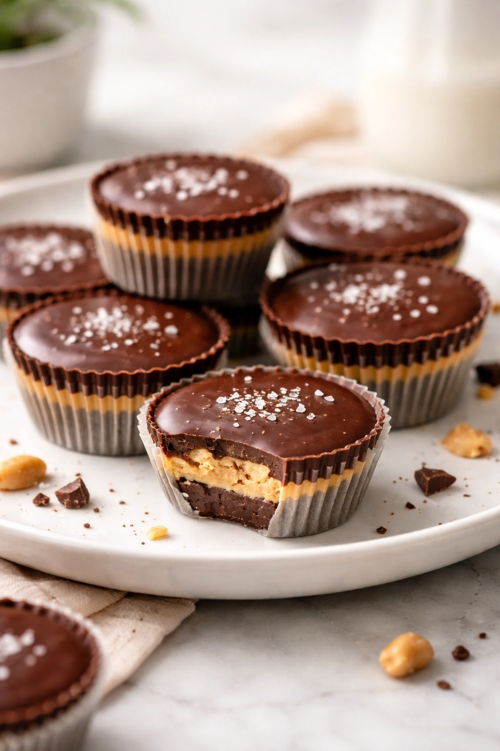 No-Bake Chocolate Peanut Butter Cups on white plate with silicone liners, glossy chocolate.