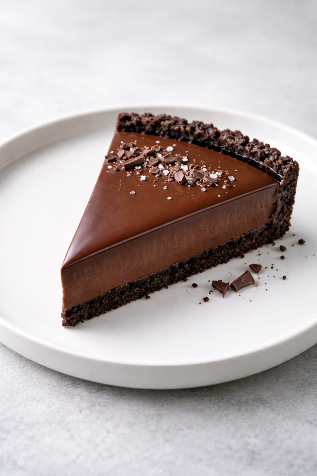 Slice of no-bake chocolate tart on a plain plate