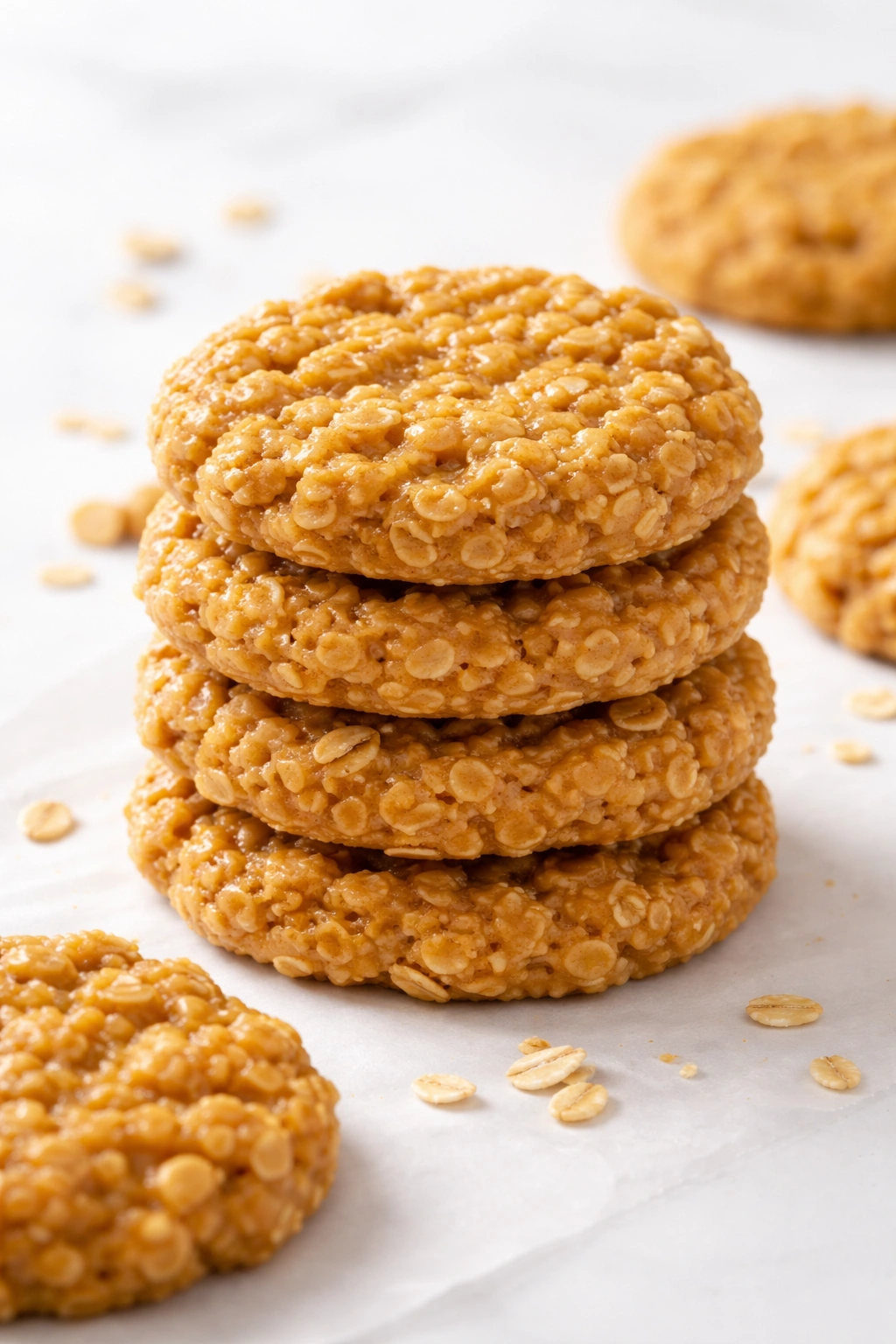 No-bake peanut butter cookies stacked on a white surface