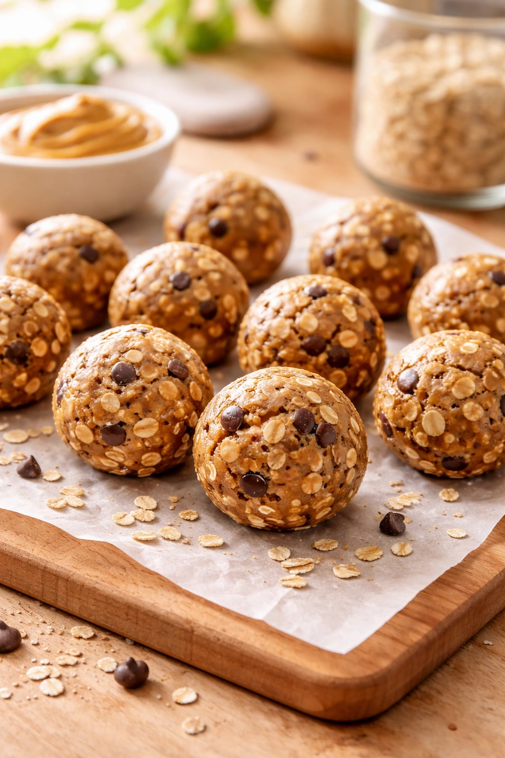 Close-up of no-bake energy balls on parchment showing texture