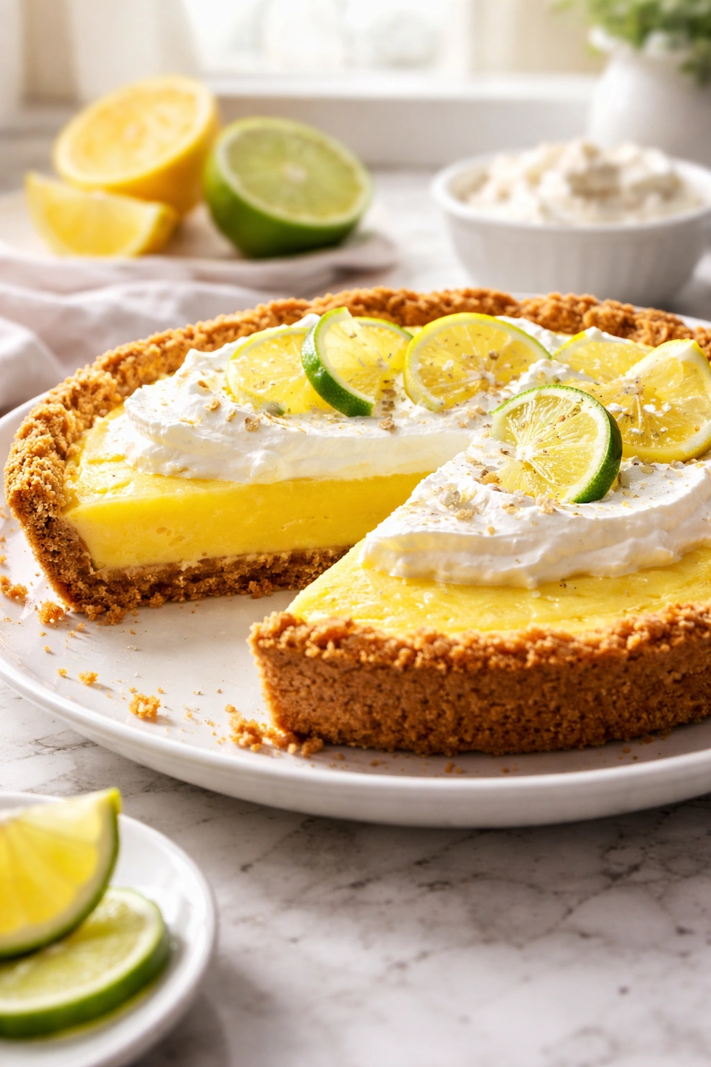 Slice of Atlantic Beach Pie on plate with graham crust and lemon custard