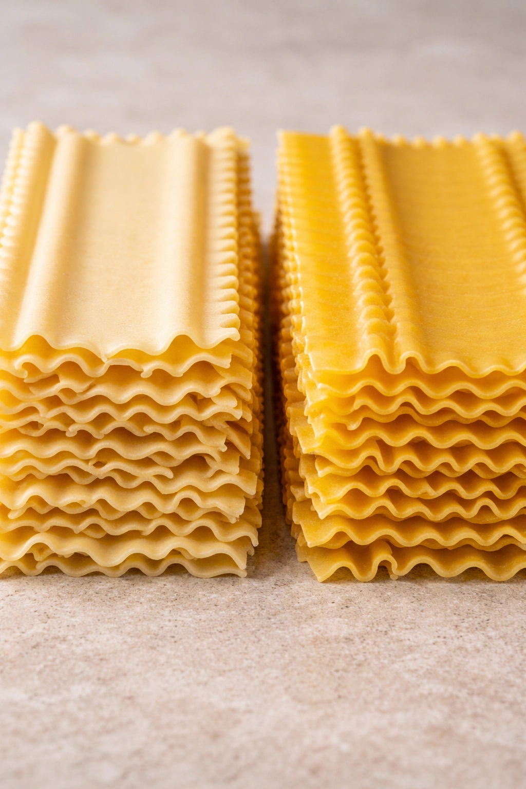 Two stacks of lasagna noodles side by side